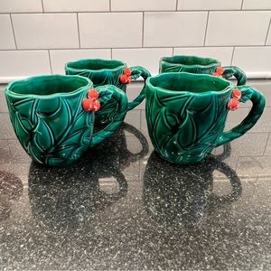 Lefton Green Holly Christmas Mugs Set of 4 Vintage